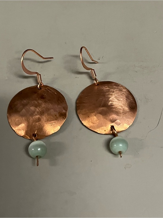 Jewelry - Handmade Hammered Copper Disc Dangle Earrings | Aqua Gemstone Bead | Boho Artist